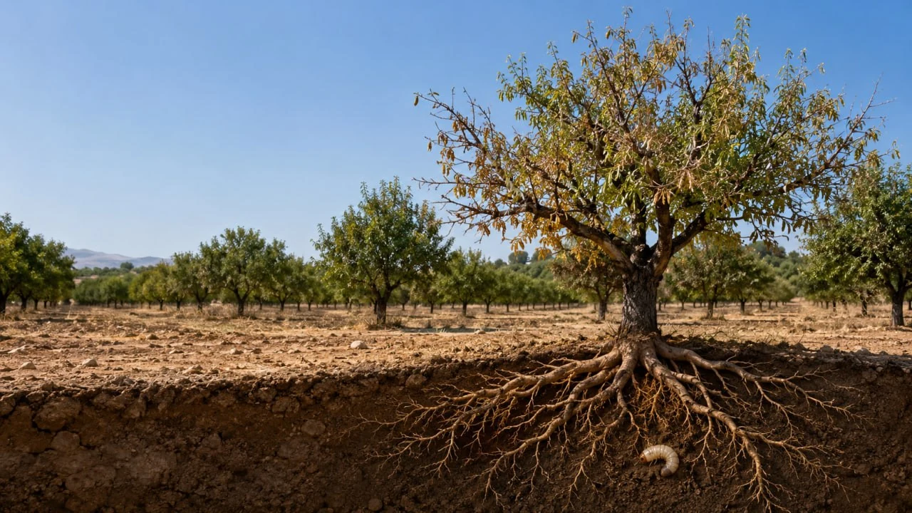 Almendro con daño en raíces y cuello — primero parece sequía